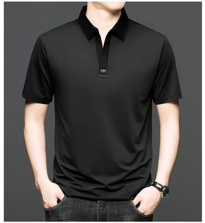 Fashion V-neck short sleeve T-shirt men's summer solid color silky smooth breathable personalized jacquard buttonless polo shirt