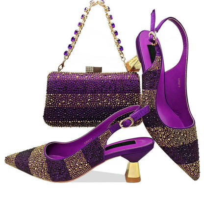 Pointed-Toe Luxury Style High Heels Sandal With Bag Set in Gold Color For Wedding Party Women