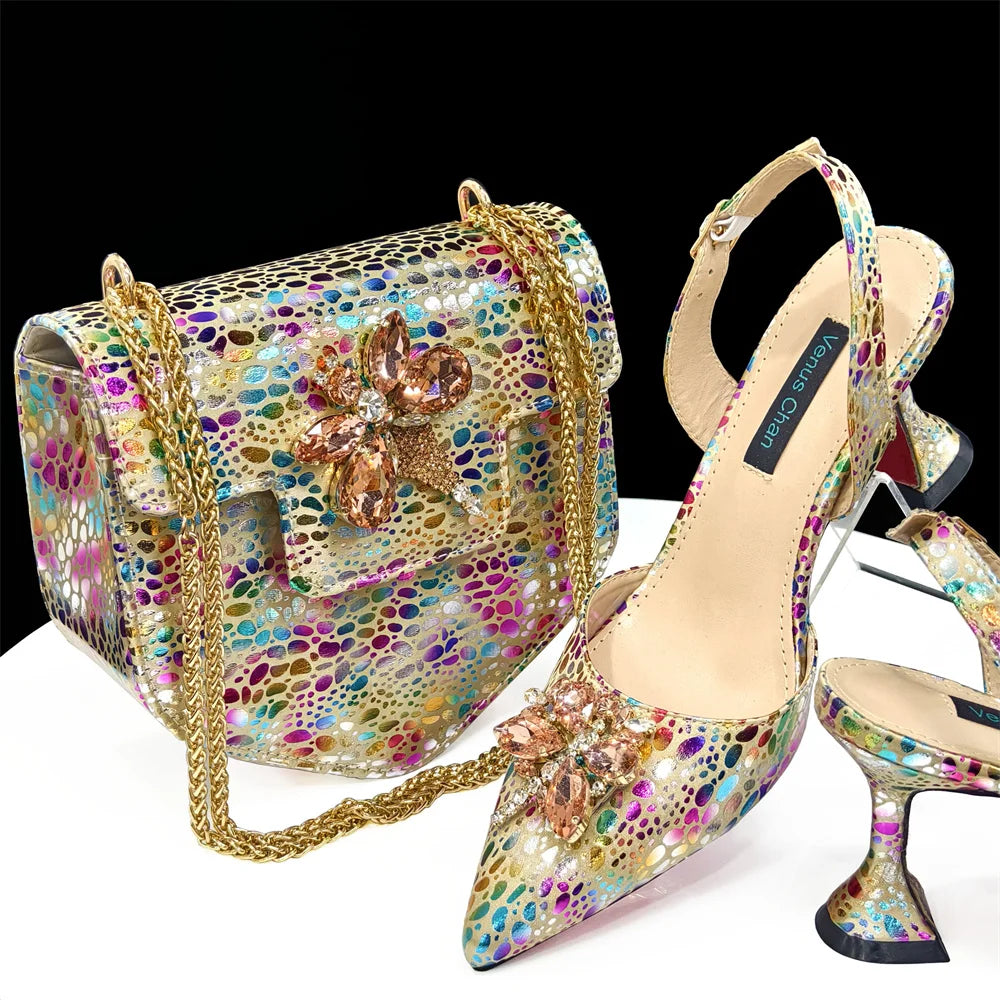 Italian Design Luxury Women's Shoes And Clutch Green Full Diamond Decoration Metal Closure Bag for Party