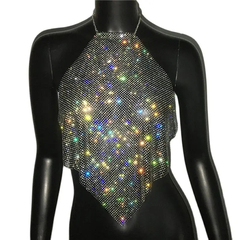 Fashion Summer Backless Tank Top Women Shiny Rhinestone Metal Sequins Halter Neck Camisole Rave Festival Party Crop Tops