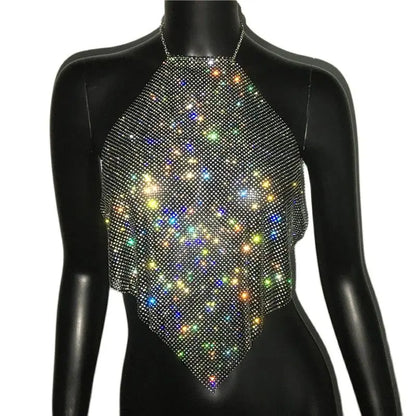 Fashion Summer Backless Tank Top Women Shiny Rhinestone Metal Sequins Halter Neck Camisole Rave Festival Party Crop Tops