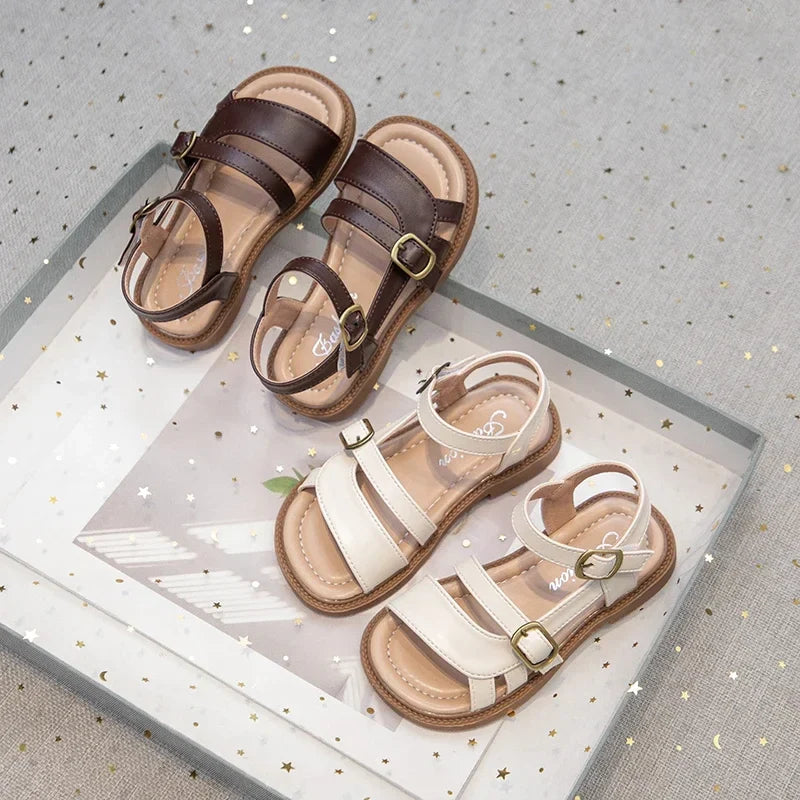 Girls Roman Sandals Open Toe Little Kids Leather Sandals with Buckle Open Toe Children Summer Beach Shoes Non-Slip Soft Sole