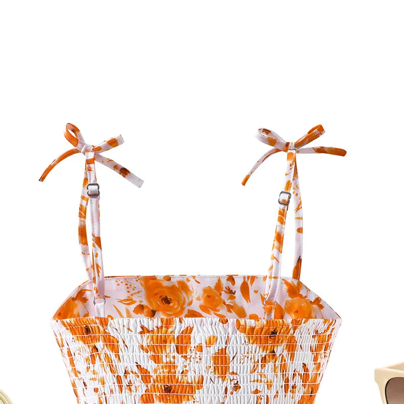 Girls 8-12 Orange Floral Summer Casual Dress, Front Spaghetti Strap Bow Decor Ruched Waist & Tiered Skirt, Daily Kids Outfit