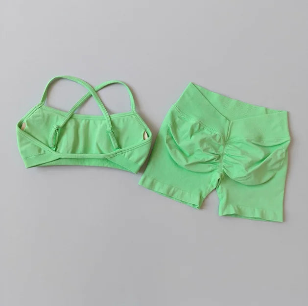 New Women's Seamless Workout Sets Thin Strap Back Sports Bra & 3-Inch Shorts, Quick Dry Gym Yoga Outfits