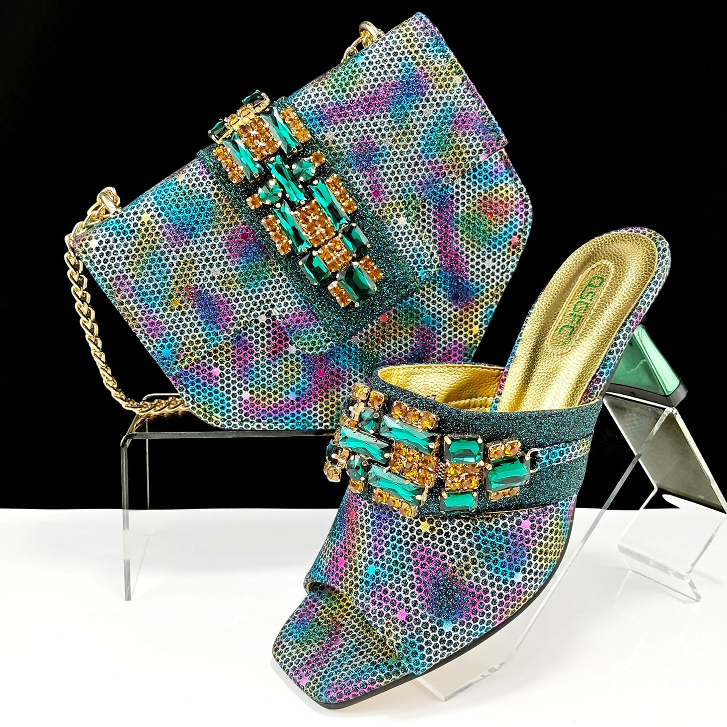Mature Style Colorful Rhinestone Metal Design Strange High Heel Style Peep Toe Shoes and Bag Set for Party Wedding