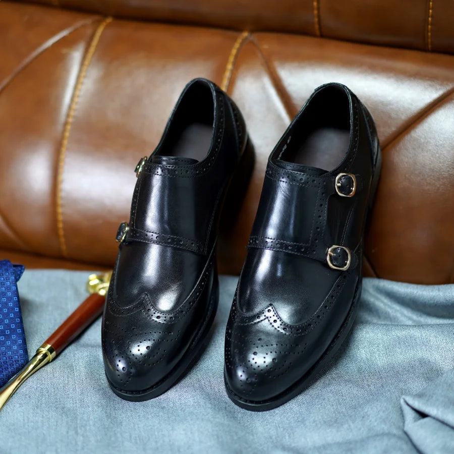 Classic Men Genuine Leather Dress Shoes Brogue Double Buckle Monk Strap Metal Buckle Business Office Wedding Formal Shoes