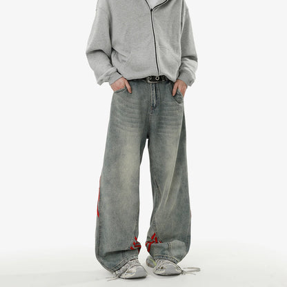 American retro baggy wide leg jeans for men and women  loose casual striped washed long pants