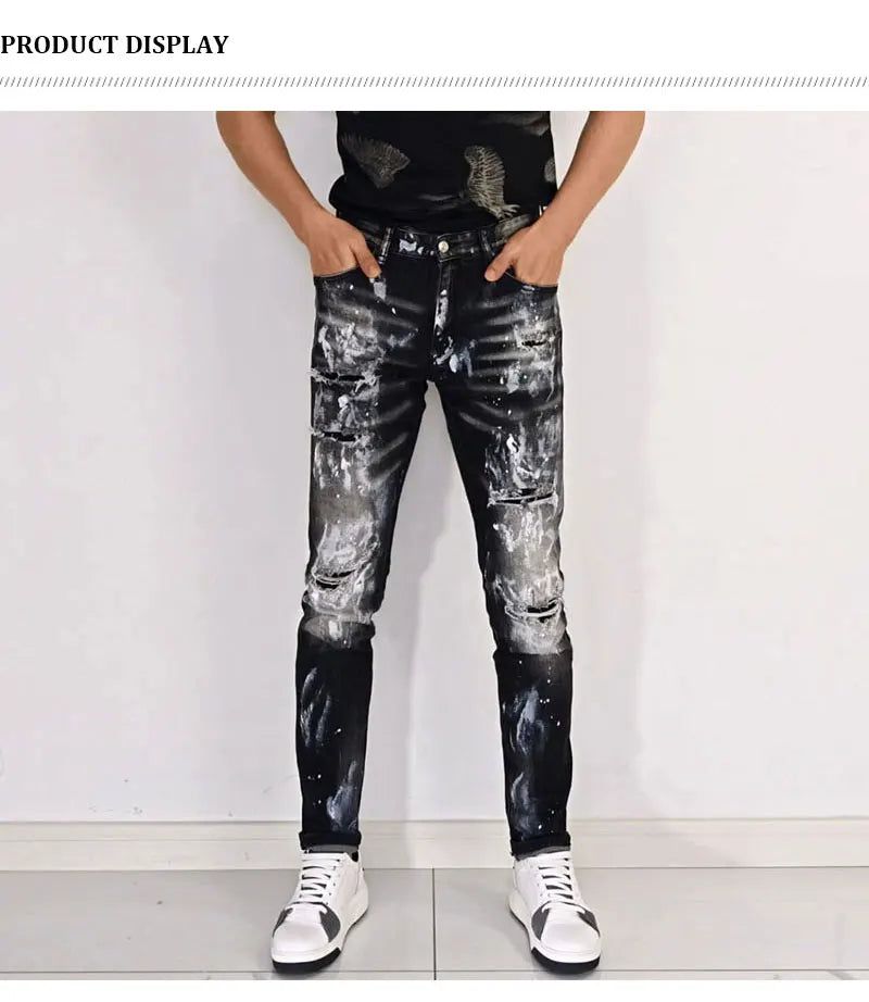 Street fashion men's black gray jeans, high-quality stretch slim fit painted corrugated jeans designer retro hip-hop brand pants
