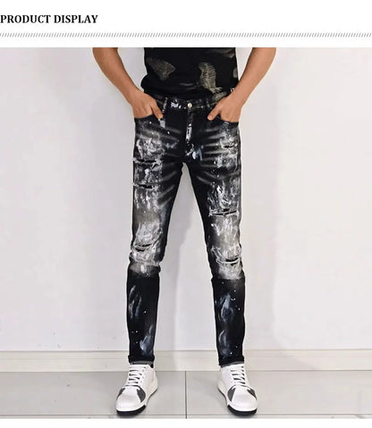 Street fashion men's black gray jeans, high-quality stretch slim fit painted corrugated jeans designer retro hip-hop brand pants