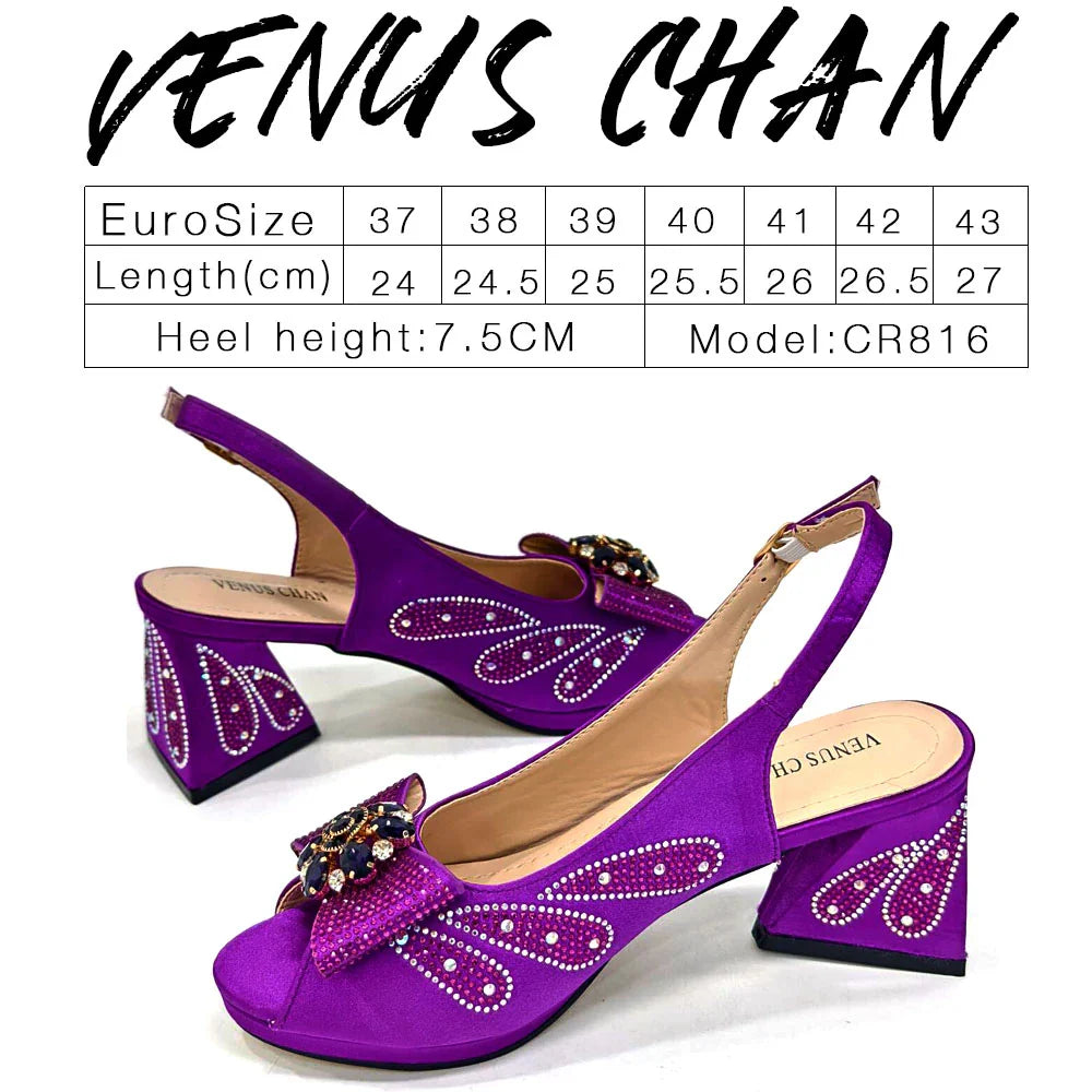 Conjunto Combinando Sapatos e Bolsas Italianos 2024 Peep Toe Salto Alto Cor Pêssego Laço Strass Sapatos Femininos para Festa