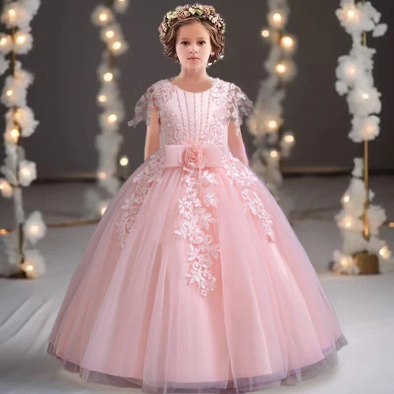 Lace up Tulle Flower Girl Dress Chest with flowers First Communion Ball Gown Wedding Party Bridesmaid Dress Kids 12Y