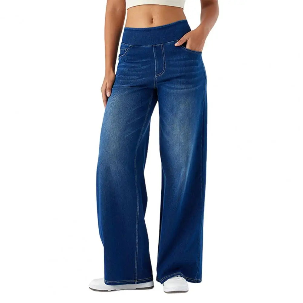 Wide Leg Jeans Solid Color Elastic High Waist Lady Pants