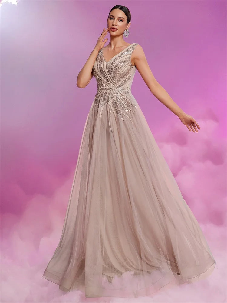 Vestidos de Noite de Luxo com Apliques de Lantejoulas e Decote em V Elegantes Vestidos de Coquetel Formais de Tule sem Mangas para Festas de Casamento com Saia Evasê