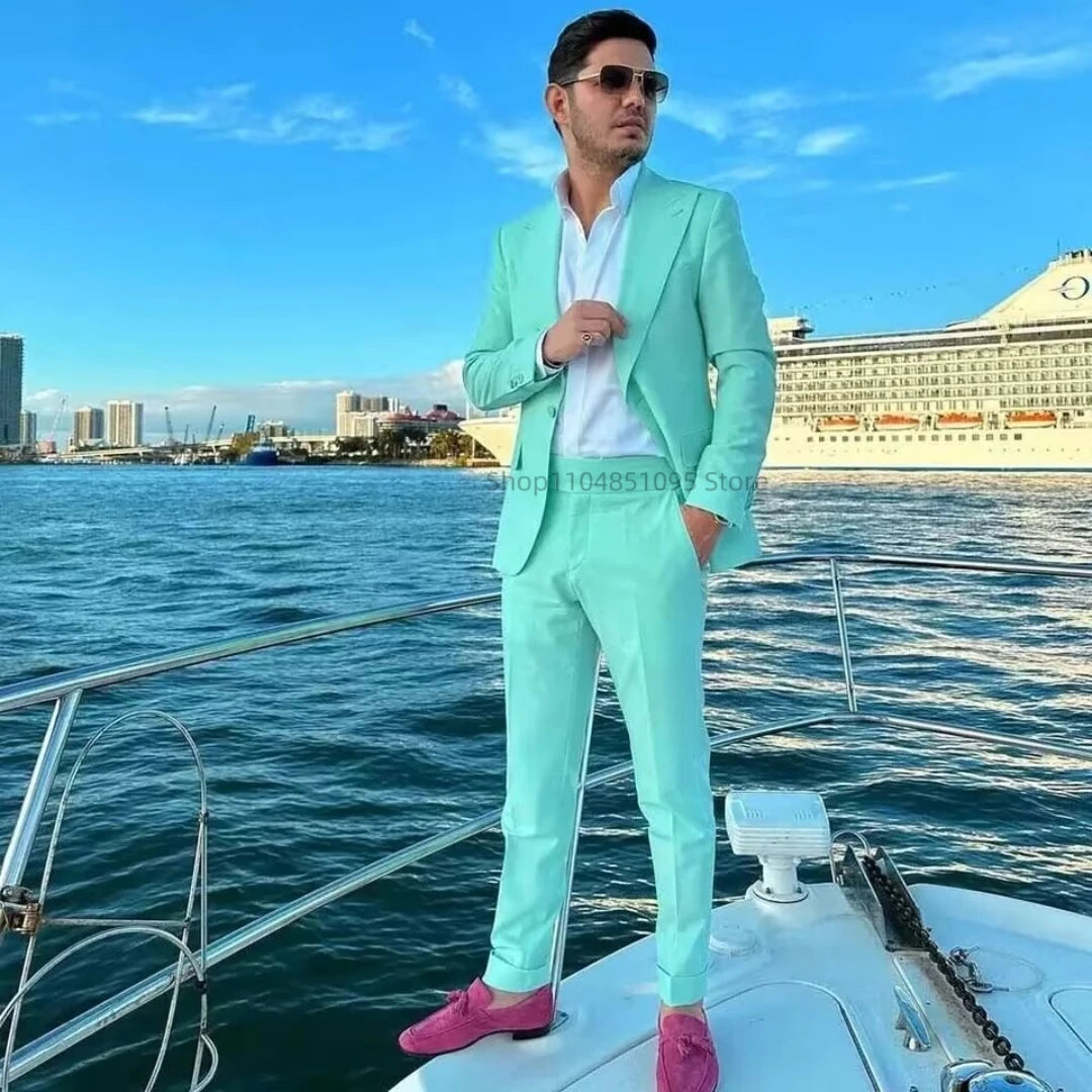 Casual Mint Green Suits for Men Business Work Clothes Office Jacket Pants Suit Wedding Groom Tuxedo Peak Lapel Blazer for Party