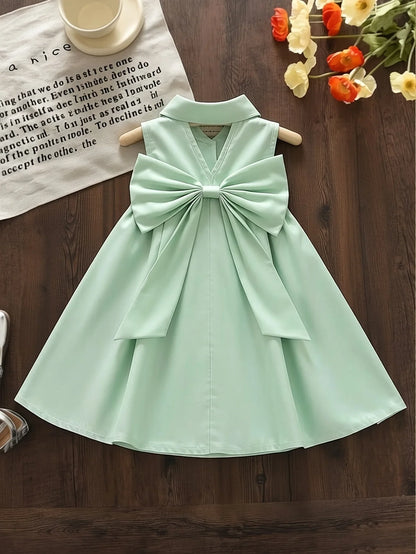 Girl's Summer Fresh Daily Casual Style Green Sleeveless Back Big Bow Flip Collar Half Open Dress Skirt Bow Decoration