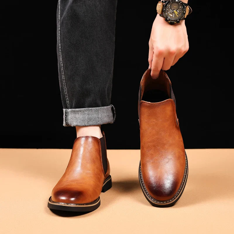 39~47 Men Chelsea Boots Brand Retro Comfortable PU Leather Ankle Boots Men 2025 Fashion Black Brown Mens Boots