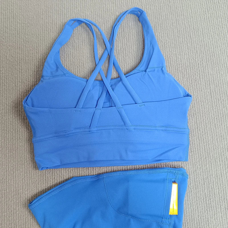 Women's 2-Piece Yoga Set Tights Shorts For Woman Cross Back Bra Top + High Waist Shorts Fitness Running Workout Tracksuit
