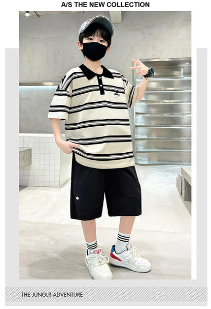 2025 New Kids Boys Cotton Top and Bottom Clothing Set for Child Stripe Polo Shirt + Shorts Two Pieces Summer Outfit Clothes Set