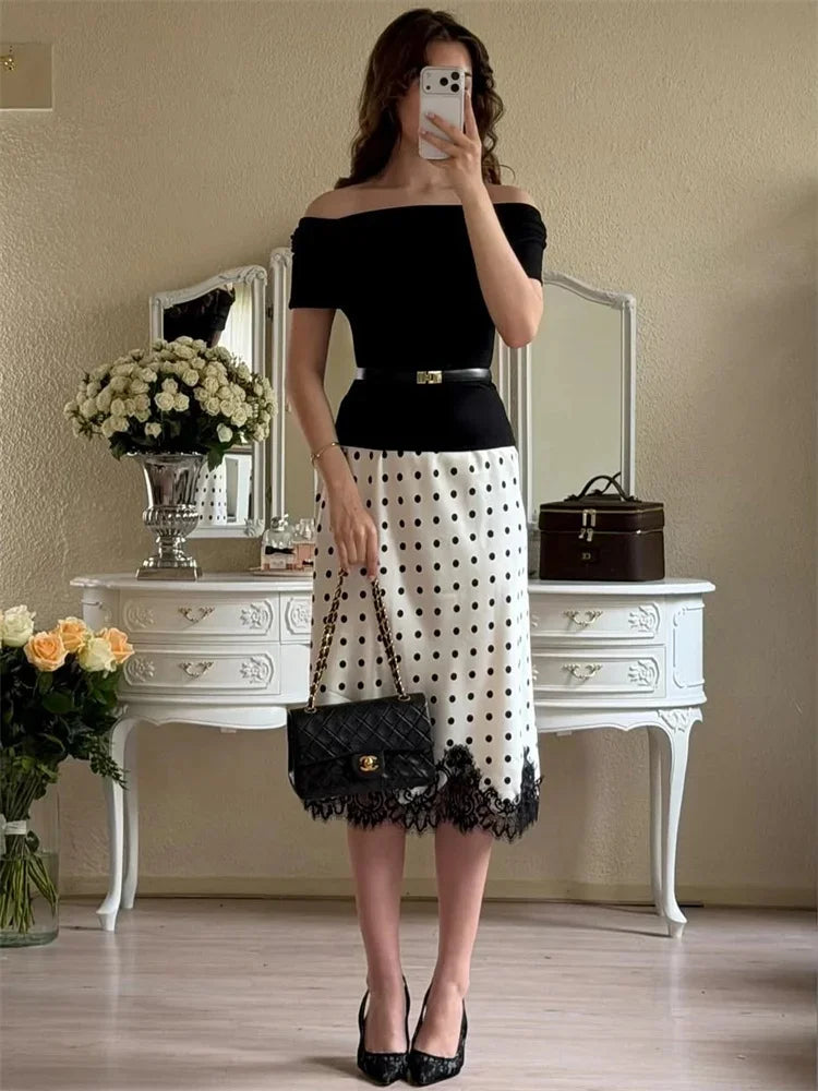 Women's Polka Dot Print Satin Skirt Sexy Lace Patchwork High Waist Skirts Chic Commute Street Party Lady Clothes for 2026 Summer