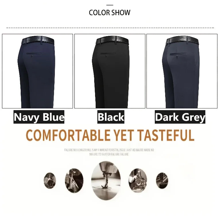 Men's High Elastic Anti-Wrinkle Straight Fit Business Pants | Non-Iron Formal Casual Trousers (1-Pack)