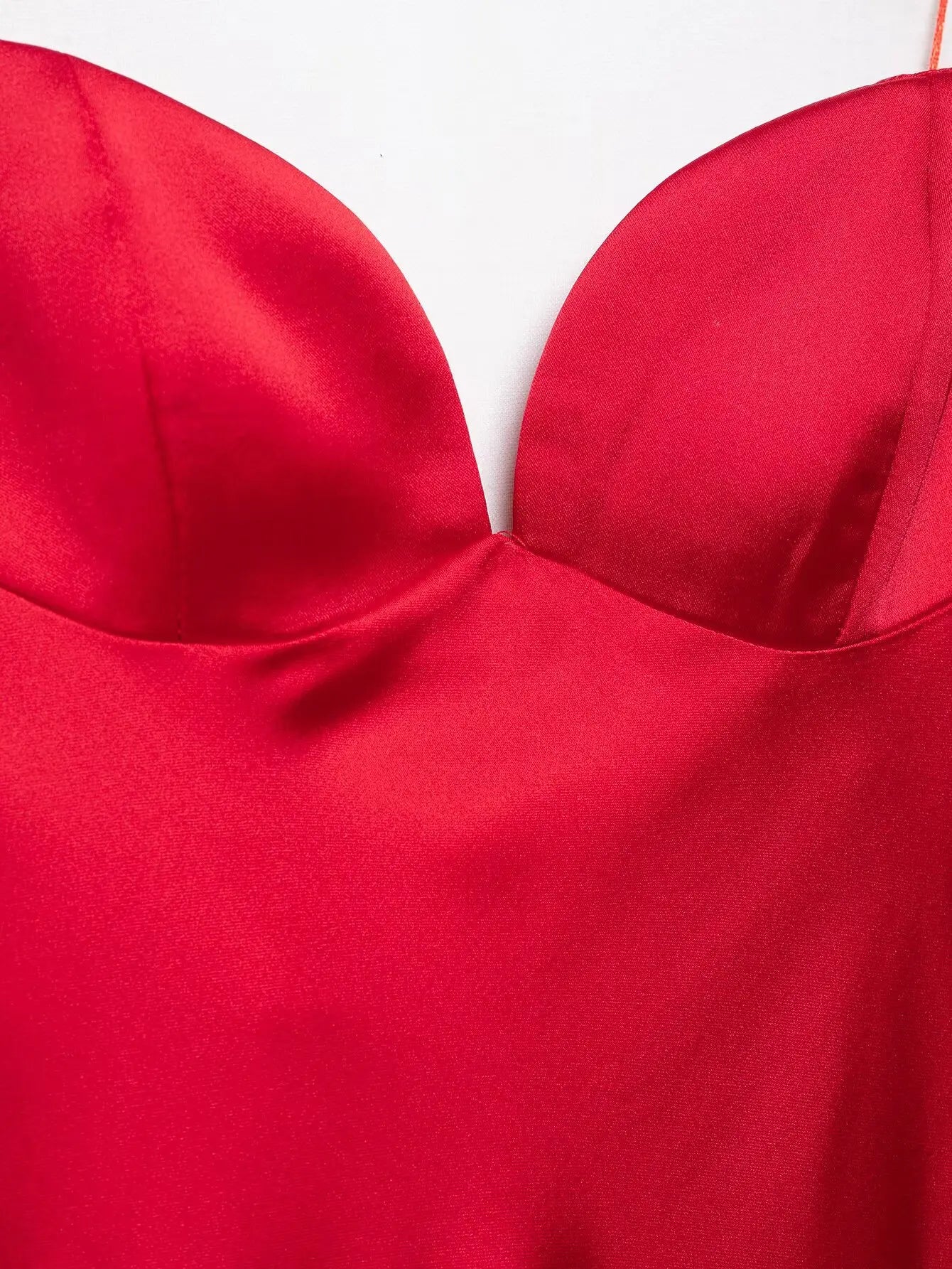 Women Red V-Neck Holiday Style Satin Texture Long Dress Sleeveless Summer Women's Back Zipper Fashion Sling Dresses