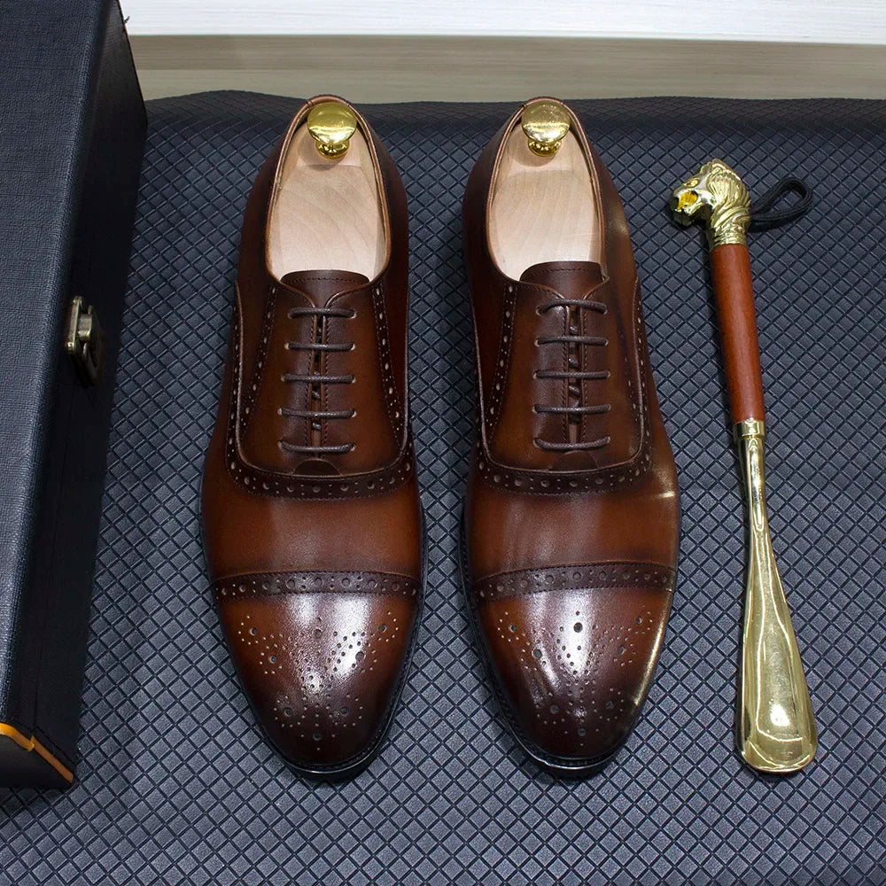 Luxury Genuine Leather Calfskin Cap Toe Oxfords Men's Dress Shoes Italian Style Lace-Up Wedding Business Formal Shoes for Men