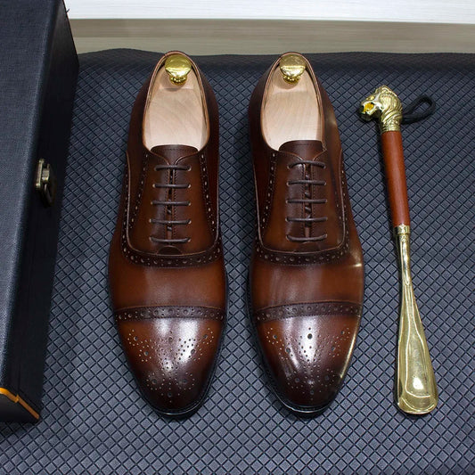 Luxury Genuine Leather Calfskin Cap Toe Oxfords Men's Dress Shoes Italian Style Lace-Up Wedding Business Formal Shoes for Men