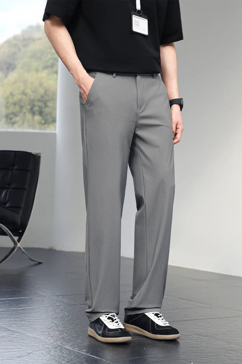 Men's Ice Silk Trousers High Stretch Micro-Grid Straight Leg Pants Business Casual Breathable YKK Zip Quick Dry Slacks 2026