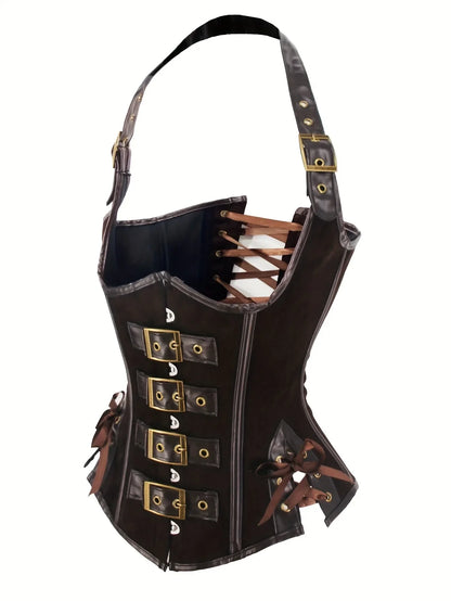 PU Leather Corset Sexy Steampunk Corset Top Halter Corselet Shapewear Women Tummy Control Bustier Lace Up Halloween Costume