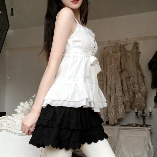 Sweet Lace Patchwork Bandage Ruffles Trim A-Tops Women's Solid Sheer Button Front Squre Neck Camisole All Match Vest