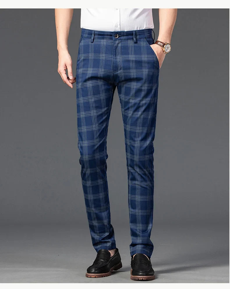 Brand Clothing Mens Casual Pants Fashion Plaid Classic Business Formal Trousers Elastic Straight Social Luxury Suit Pants
