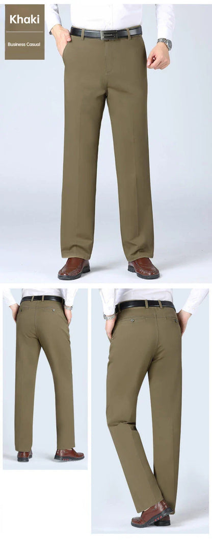 Men's Office Business 100% Cotton Pants Summer Thin & Autumn Thick High Waist Straight Loose Solid Bland Suit Slacks GOZBKF