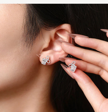 New Bow Earrings Emerald Cut Moissanite Stud Earrings S925 Silver Elegant Dainty Anniversary Wedding Jewelry for Women