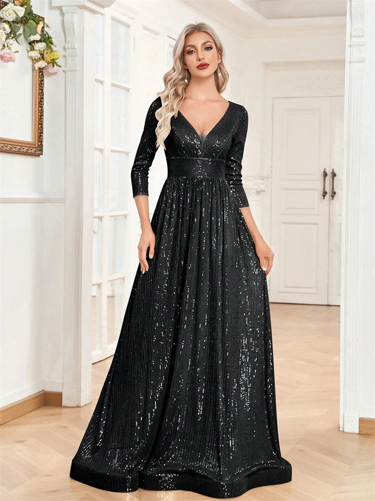 Luxury V Neck Long Sleeves Blue Sequins Formal Evening Dress Women 2024 Wedding Party Prom Maxi Cocktail Dress Gowns