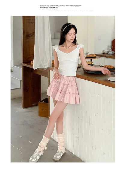 Elegant pink mini dress new summer thin style French ballet design cake skirt lace edge WOMEN'S JK skirt