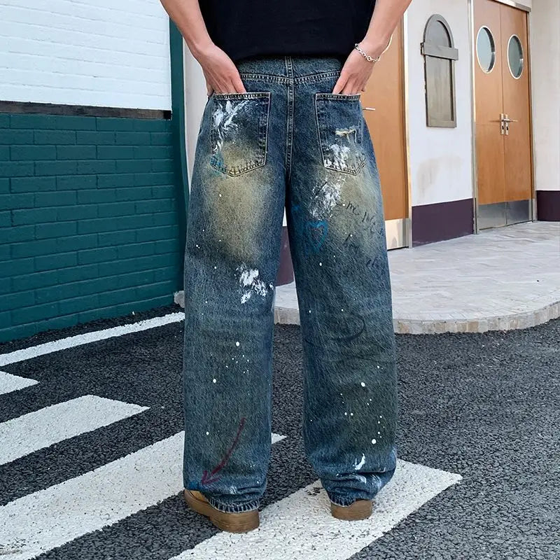 New street graffiti ripped painted jeans for men, straight-leg, loose, wide-leg, trendy brand, stylish high-end
