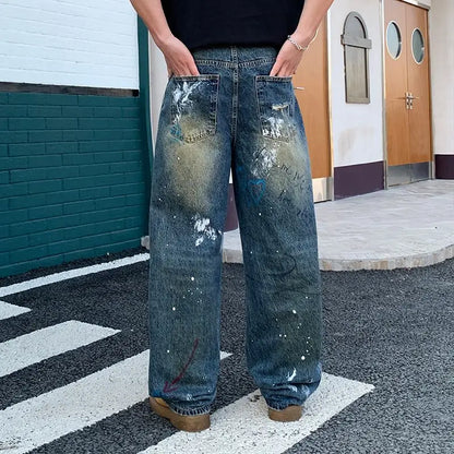 New street graffiti ripped painted jeans for men, straight-leg, loose, wide-leg, trendy brand, stylish high-end