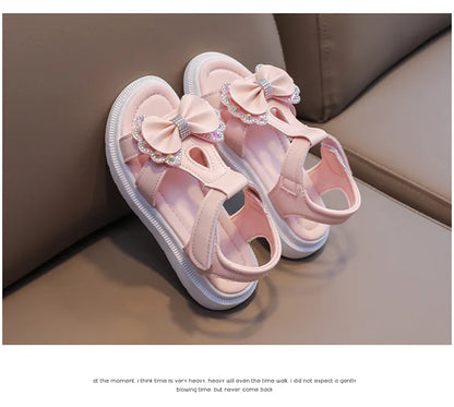 Girl Sandal Kid Summer Elegant Bling Rhinestone Party Princess Beach Shoes Cute Bowknot School Shoes for Kids Flat Heel F05201