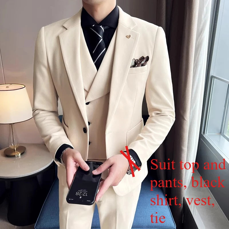 2025 Autumn Winter New Thickened Warm Woolen Blazer Set for Men Korean Version Slim Fit Groom Best Man Wedding Suit Formal Wear