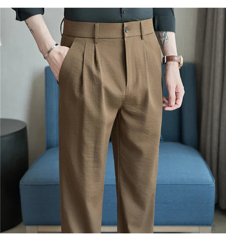 Men's Old Money Style Linen-Cotton Pleated Dress Pants – Lightweight, Semi-Elastic Waist & Wrinkle-Free for Summer