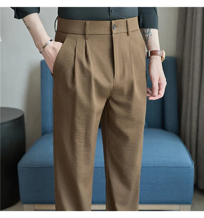 Men's Old Money Style Linen-Cotton Pleated Dress Pants – Lightweight, Semi-Elastic Waist & Wrinkle-Free for Summer