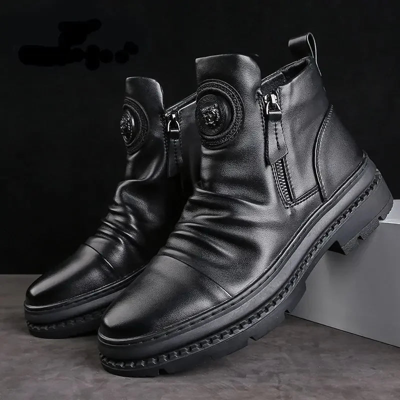 Men's Motorcycle Leather Boots British Style Round Head High Top Shoes Side Zip Walking Casual Platform Boots Bota Masculina