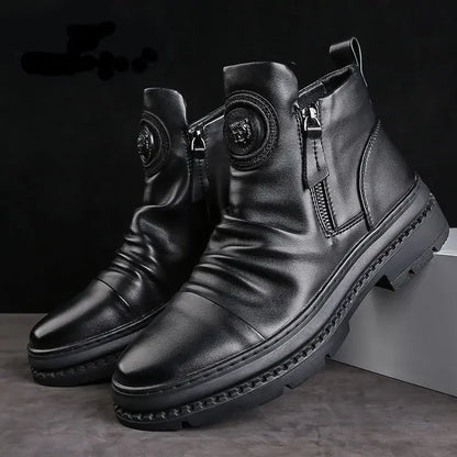 Men's Motorcycle Leather Boots British Style Round Head High Top Shoes Side Zip Walking Casual Platform Boots Bota Masculina