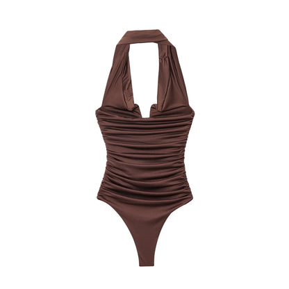 2025 Women Sexy Off Shoulder Solid Pleated Slim Bodysuits Ladies Soft Slim Swimsuit Playsuits Mujer Rompers LS9375