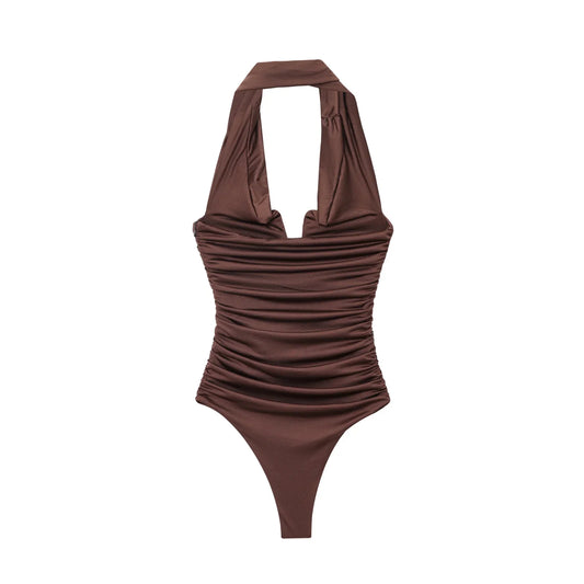 2025 Women Sexy Off Shoulder Solid Pleated Slim Bodysuits Ladies Soft Slim Swimsuit Playsuits Mujer Rompers LS9375