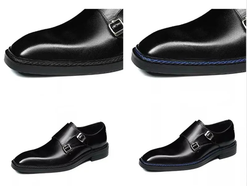 High-end Cowhide Leather Shoes For Men Square Toe Double Monk Strap Shoes Mens Dress Shoes Slip On Business Formal Shoes