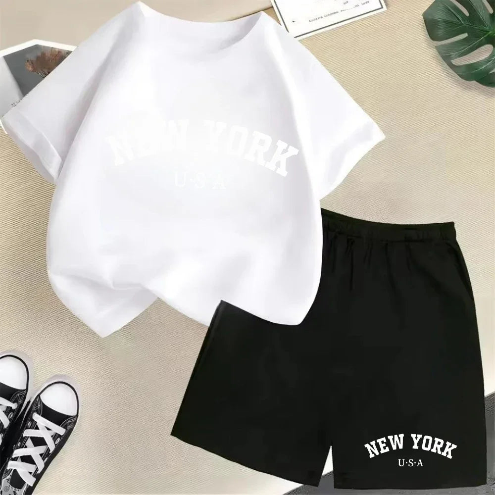 Summer Short Sleeve New York USA Letter Graphic Kid Tshirt +shorts 2pcs Set Baby Boy Girl Clothes Sport Cotton Children Outfit