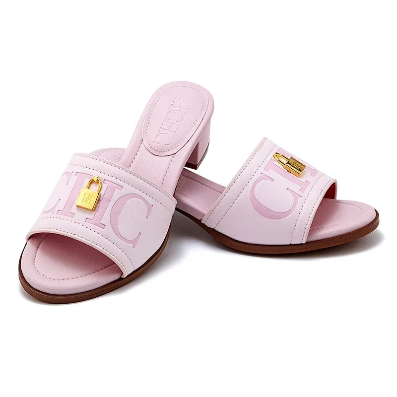 Fashion Monogram Print Elegant Design Women's Low Heeled Slippers Solid Color High Quality Metal Lock Simple Single Shoes