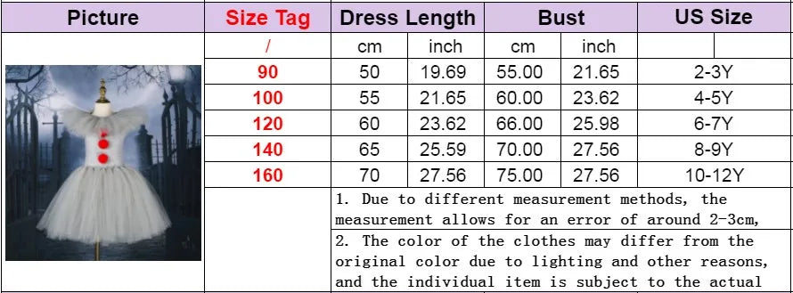 Halloween Clown Dress Kids Horror Movie Cosplay Costume Set for Girls Carnival Party Party Dress Up Clowns Clothing 3-10Yre
