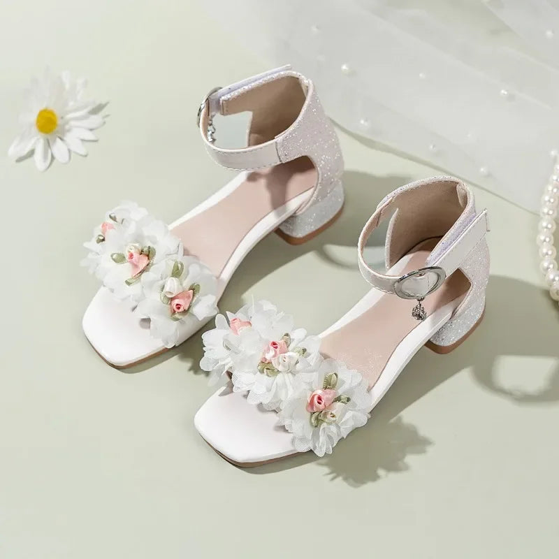 2026 Summer Kids Elegant Sandals New Sequins Girls Catwalk Shoes for Wedding Party Fashion Flower Children's Princess High Heels